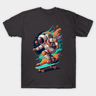 Astronaut Skateboarding In Space Colorful Design T-Shirt